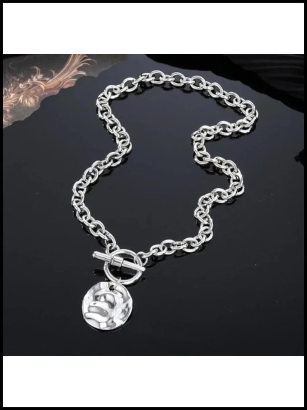 Silver Coin Pendant Necklace, Chunky Chain Statement Medallion Choker for Women
